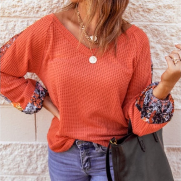 NWT Waffle Knit Fall Boho Print Spliced Top - Picture 2 of 7